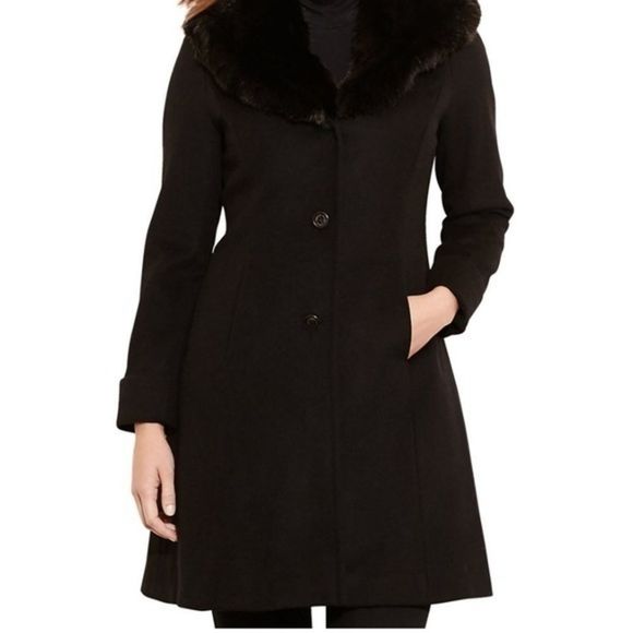 Lauren Ralph Lauren Jackets & Blazers - Lauren Ralph Lauren Womens Faux Fur Trim Wool Blend Walker Coat, Black, Sz 8P